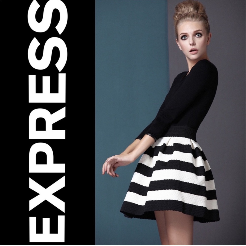 Express Black and White Striped Skater Skirt